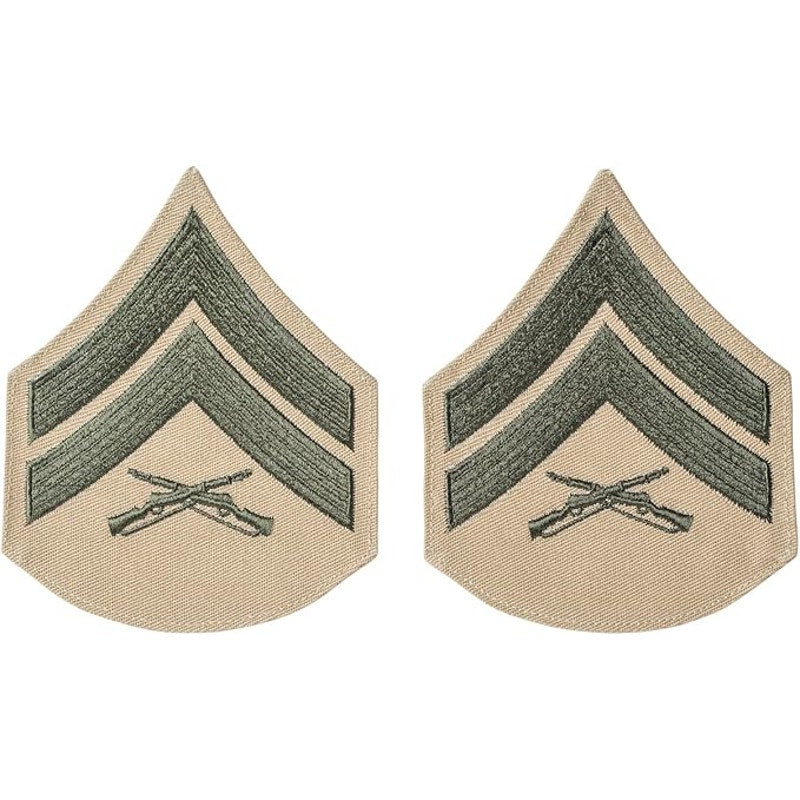 USMC Corporal E‑4 Chevrons Green on Tan Pair 4‑5/8" × 5‑1/8" Novelty Chevrons