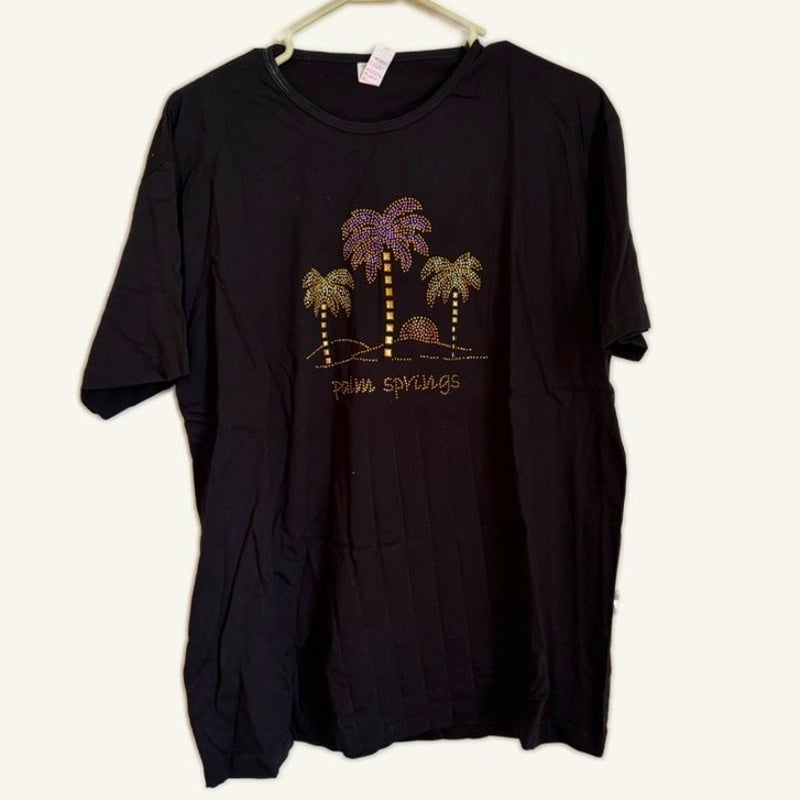 Cotton Heritage Black Palm Springs Rhinestone Palm Tree Graphic Tee Size L