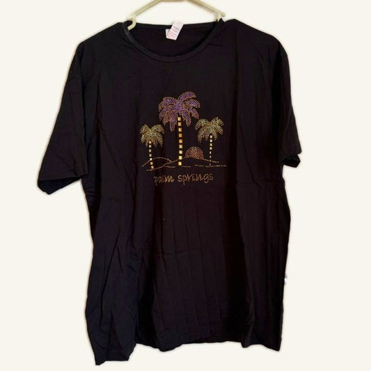 Cotton Heritage Black Palm Springs Rhinestone Palm Tree Graphic Tee Size L