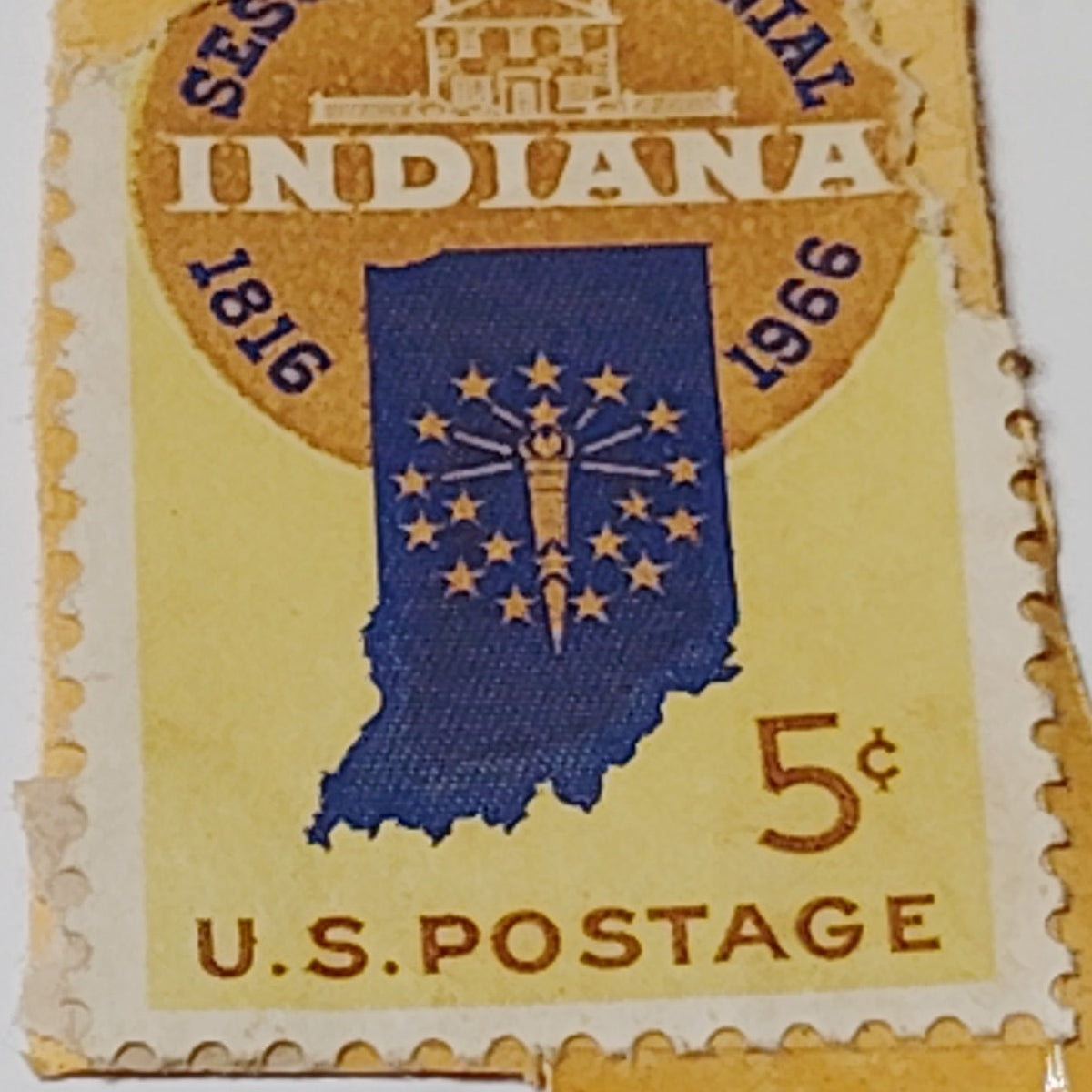 1966 Indiana Sesquicentennial 5 Cent Stamp USPS - Vintage Commemorative Scott
