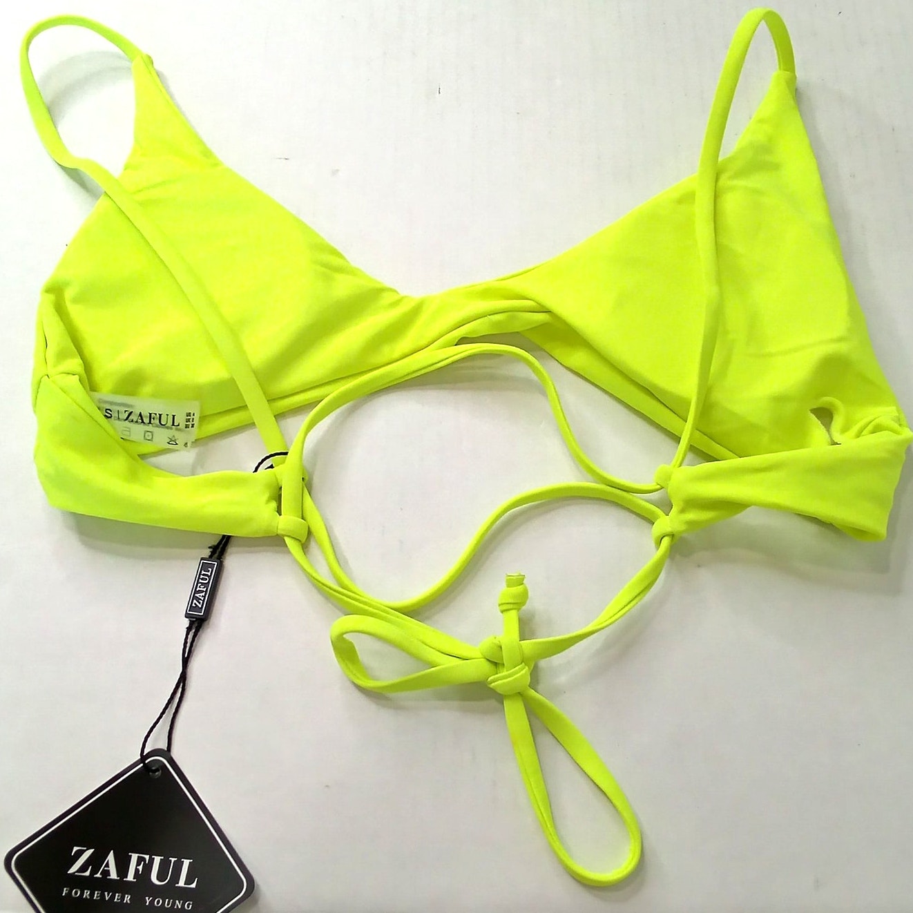 Zaful Neon Yellow Bikini Top Knot Front Bright Solid Adjustable Straps S (US 4)