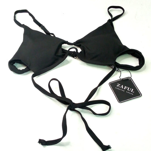 Zaful Black Ribbed Keyhole Tie Front Triangle Bikini Top Women’s Medium (US 6)