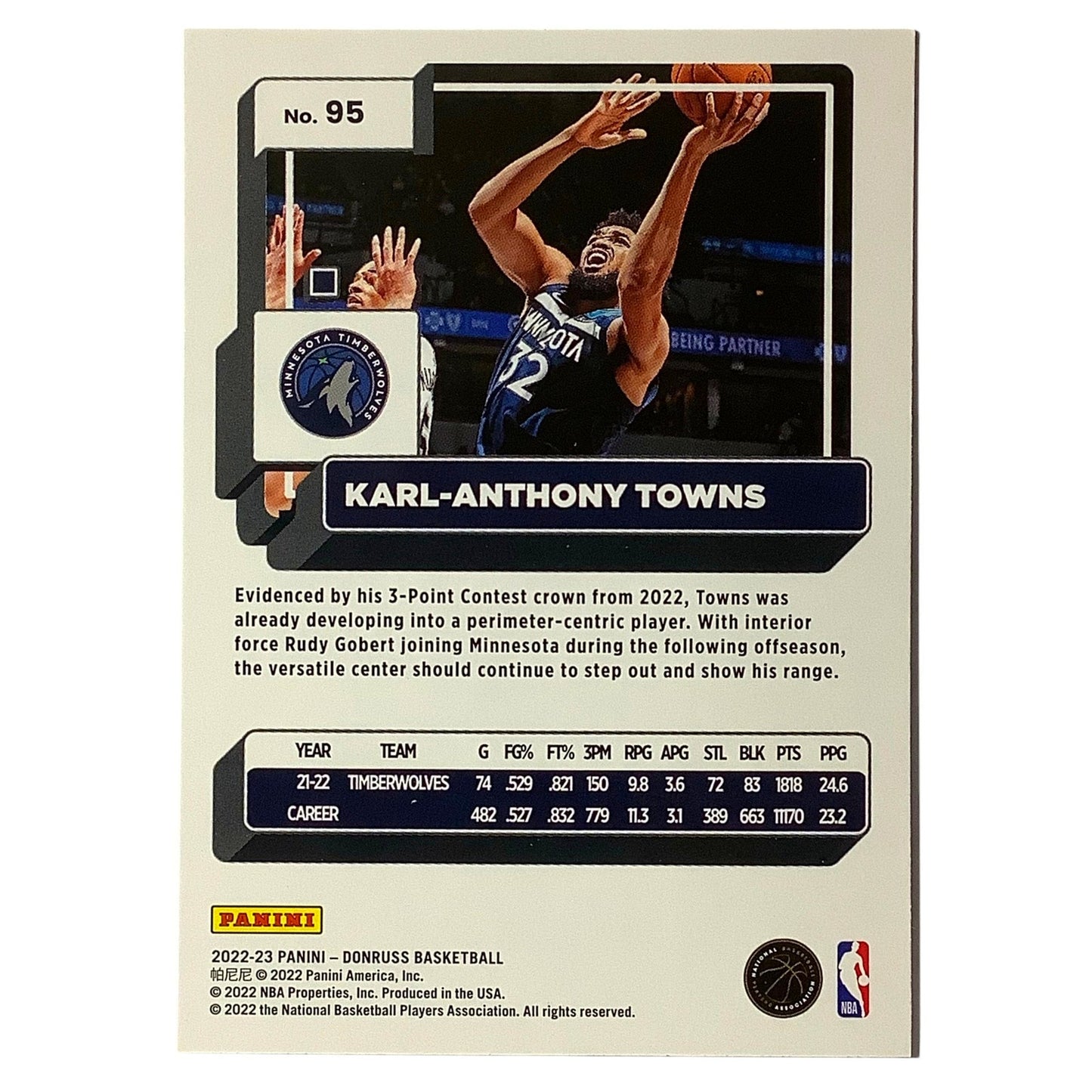 Karl-Anthony Towns, Card #95, Minnesota Timberwloves, 2022-23 NBA Panini Donruss