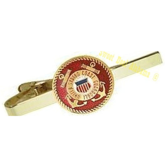 U.S. Coast Guard Tie Bar Clip 2-1/2"L, Emblems 3/4"D, Gold Tone Finish, Red Face
