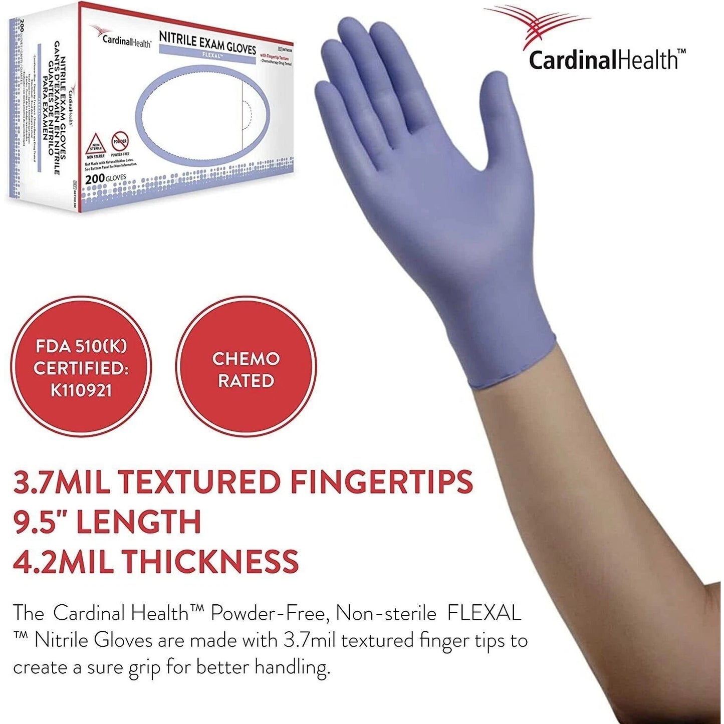 Disposable Nitrile Gloves, M, Non‑Sterile, Powder‑Free, Latex‑Free, 1 Box of 200