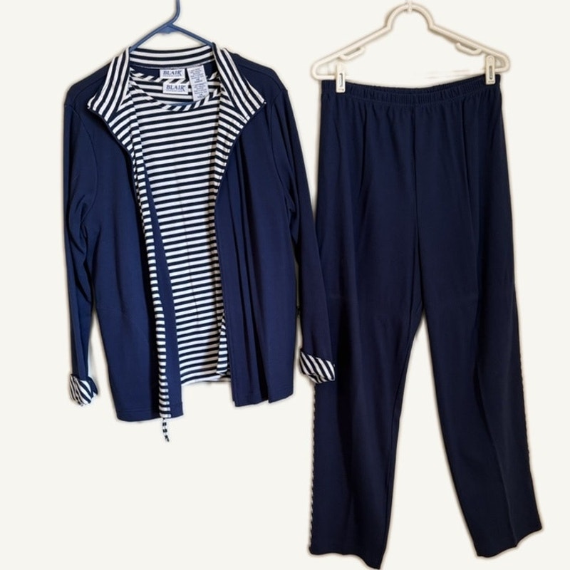 Blair Women's L Navy & White Striped 3-Piece Lounge Set - Excellent Condition