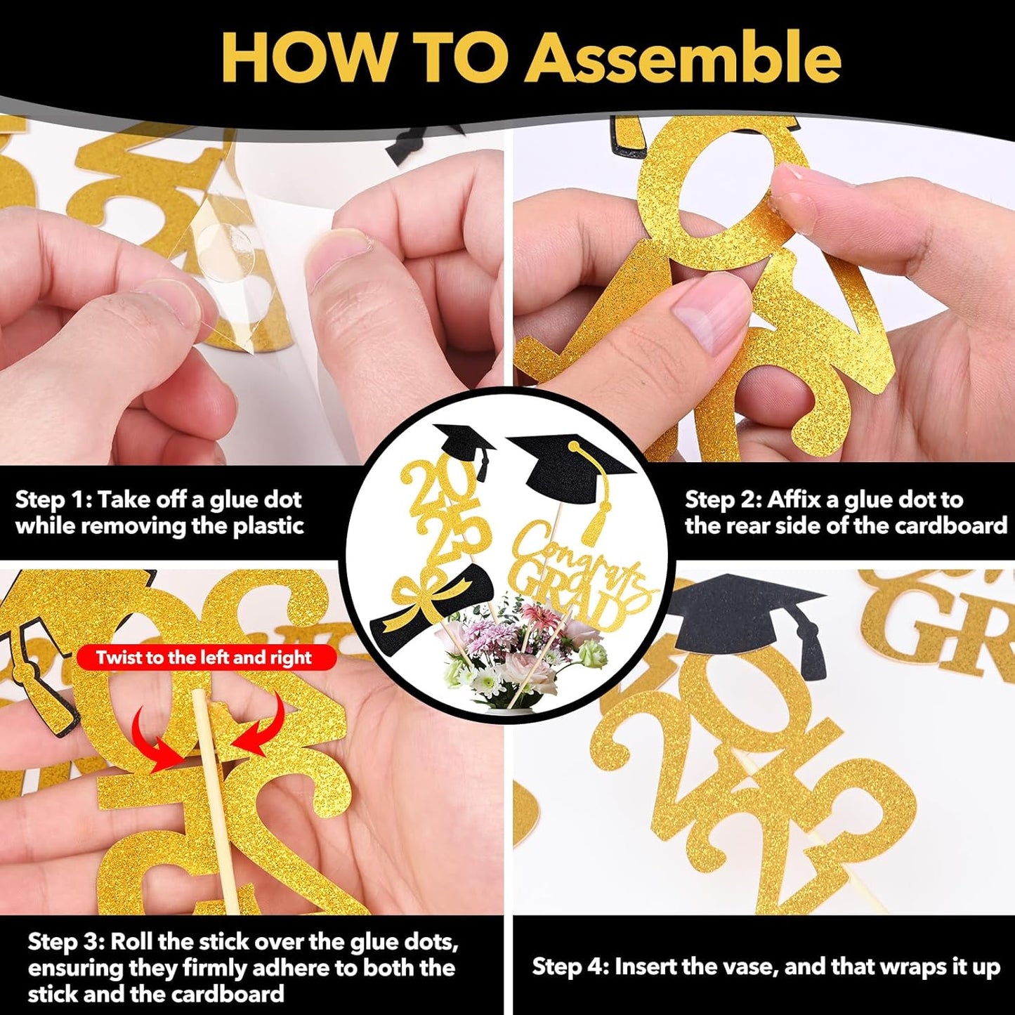 2025 Graduation Centerpiece Set – 20Pcs Black/Gold Glitter Table Toppers