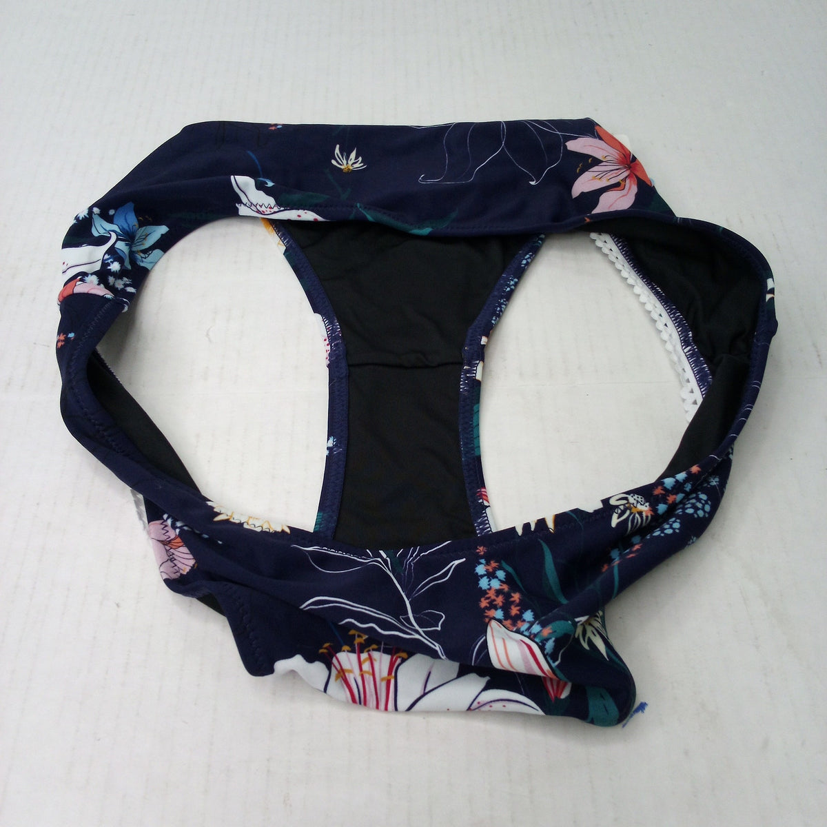 Cupshe Navy Floral Print Swim Bottoms Lace Trim XL Scalloped Bikini Bottom