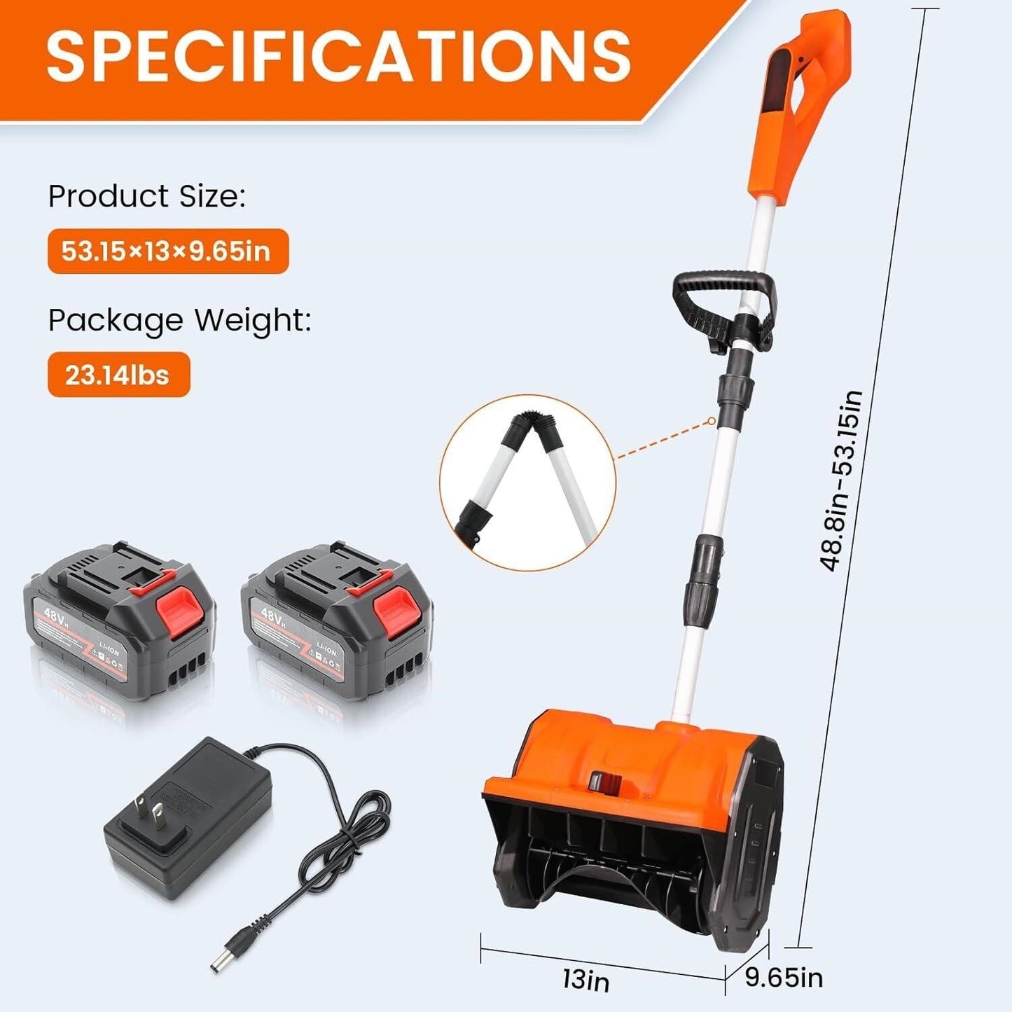Cordless Snow Shovel 48V 600W with 2 Batteries – 12" Clearing Width