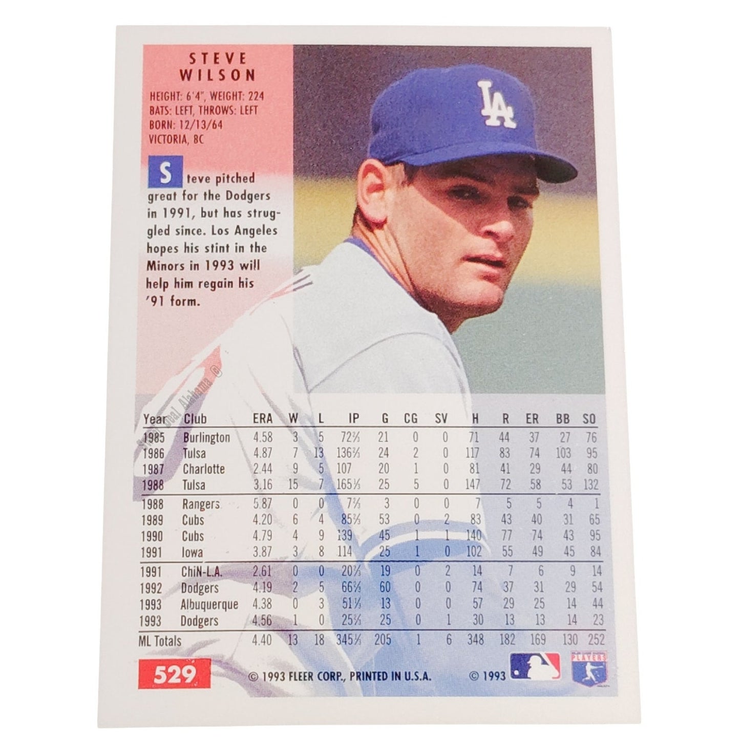 Steve Wilson, Los Angeles Dodgers, #529, 1994 Fleer Baseball Collector's Card