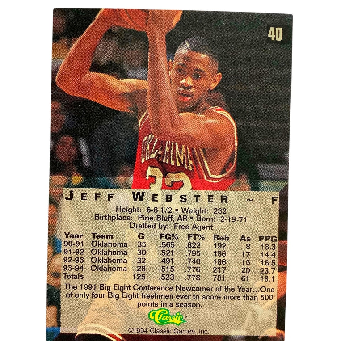 Jeff Webster, Univ. of Oklahoma (F), Classics 1994, 4Sport Card 40, NM+