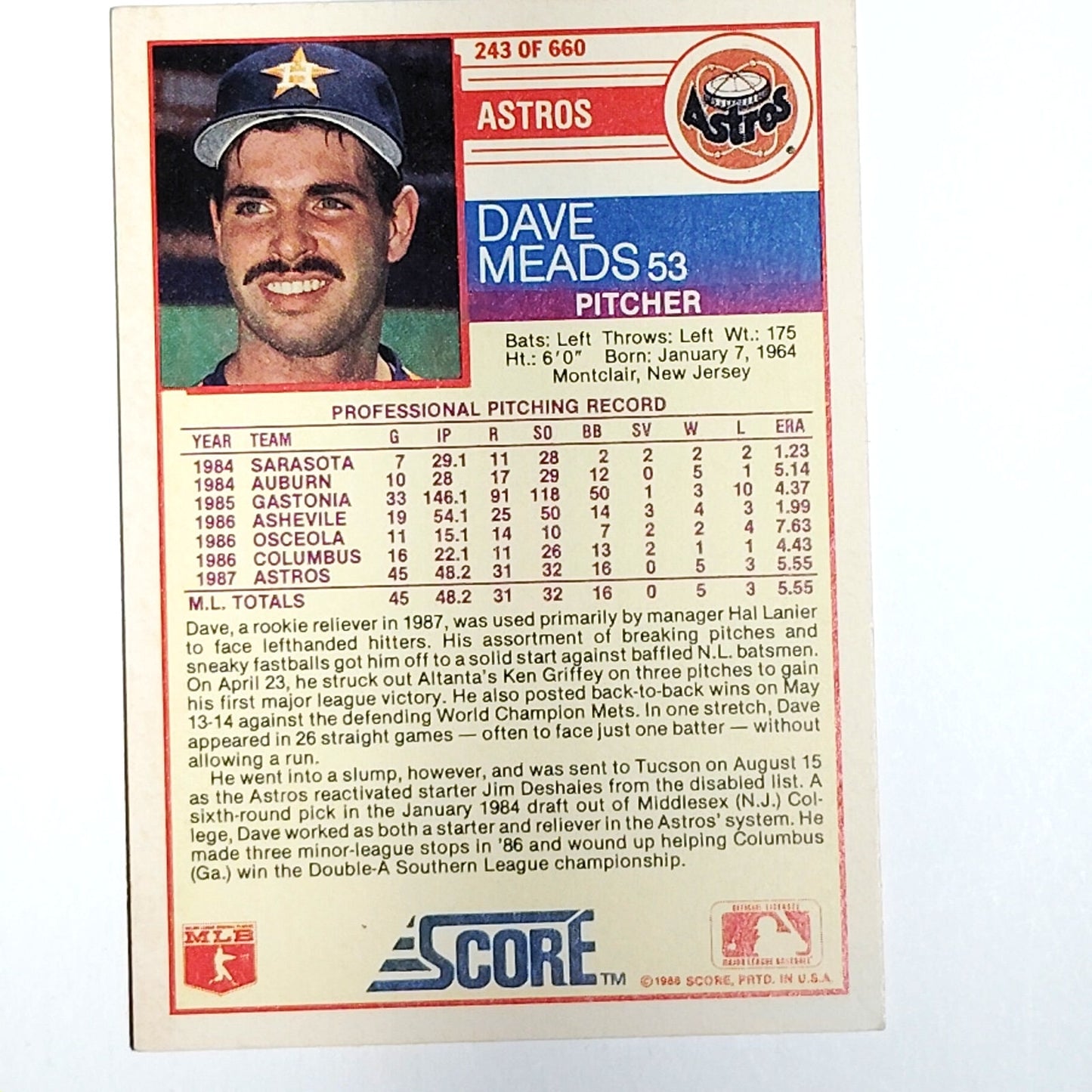 1988 Score Dave Meads Card #243 Houston Astros P VG/EX