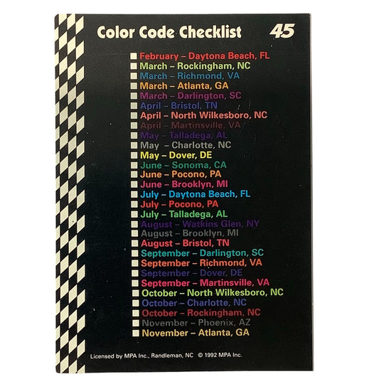 1992 Richard Petty Fan Appreciation Color Code Checklist, Food Lion MPA Card #45