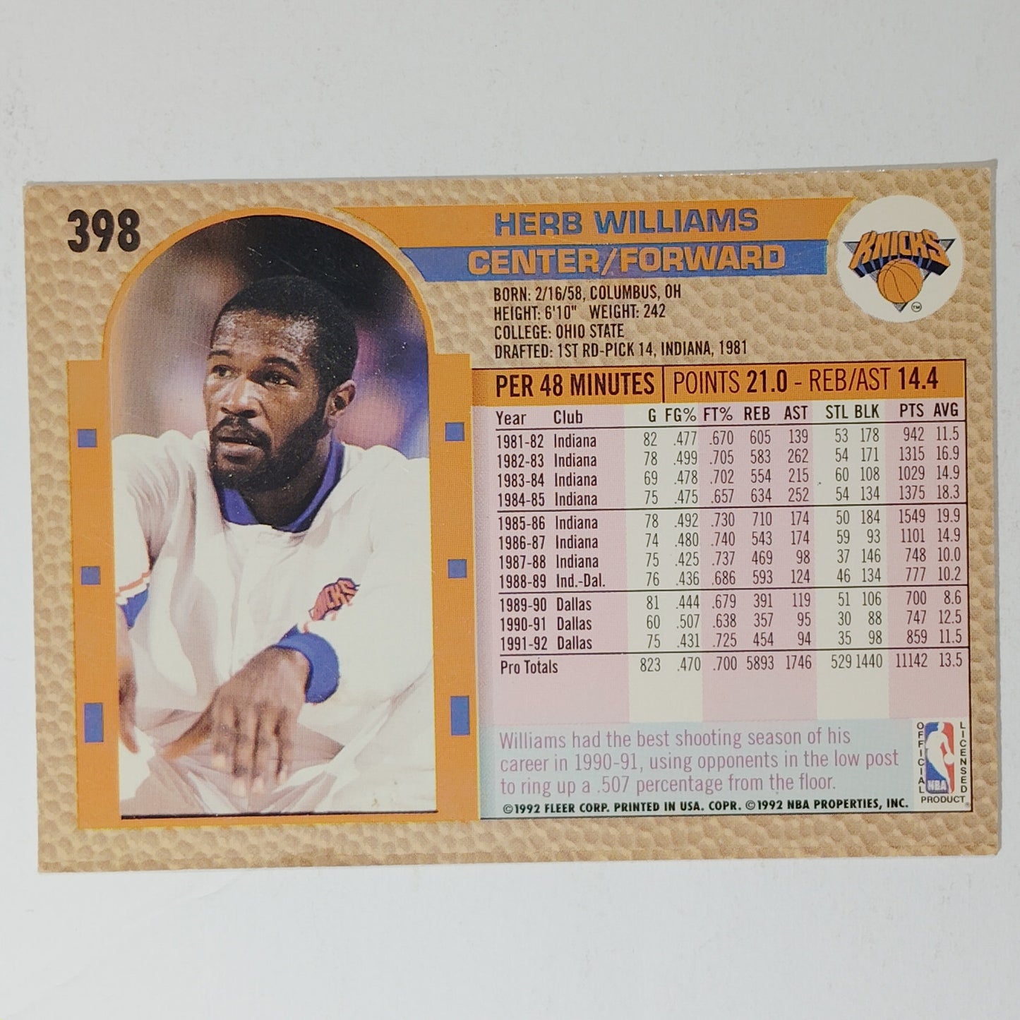 1992–93 Fleer Herb Williams #398 – New York Knicks – Center – VG/EX