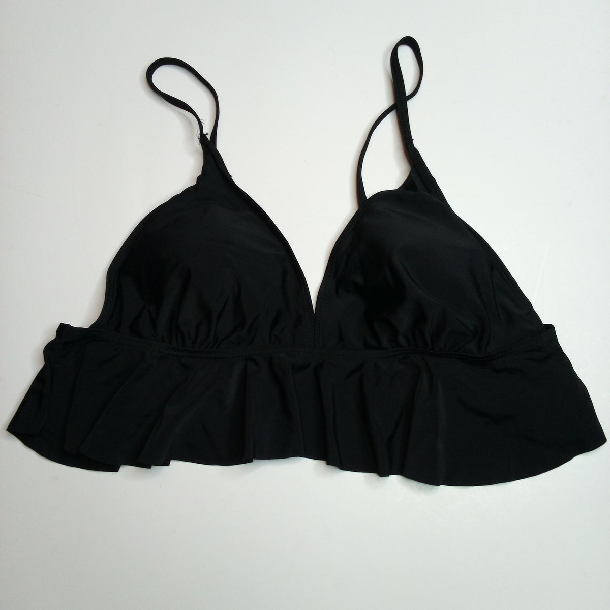 Unbranded Black Ruffle Bikini Swim Top - Adjustable Straps, Triangle Cup, Size L