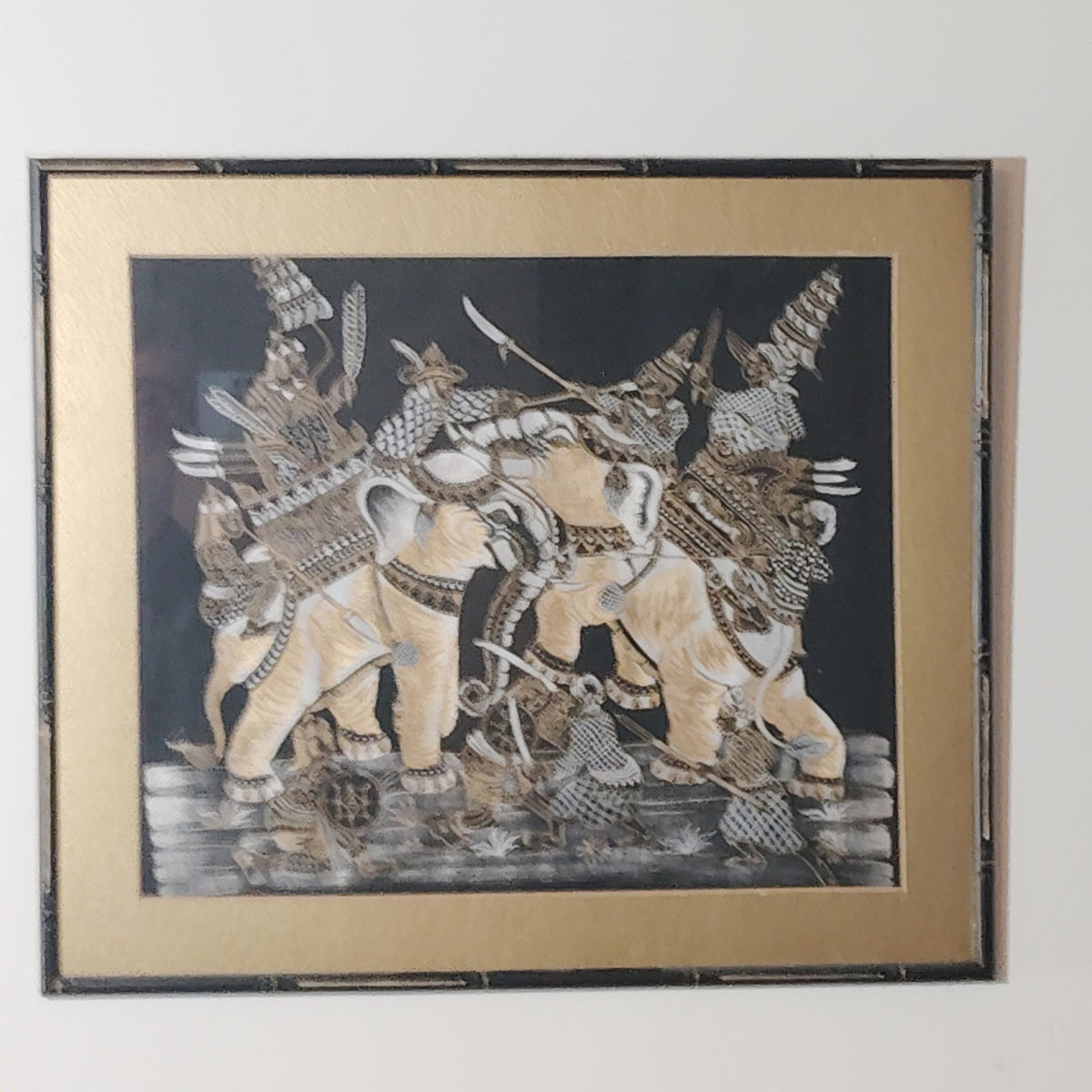 Vintage 1968 Mid‐Century Thai Silk Screen Artwork – War Elephants Battle Scene