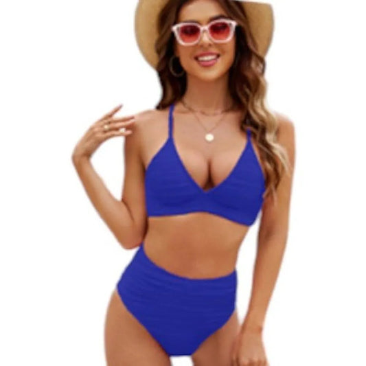 BMJL High Waisted Sexy V Neck Bikini Set, High Cut Two Piece, L, Royal Blue