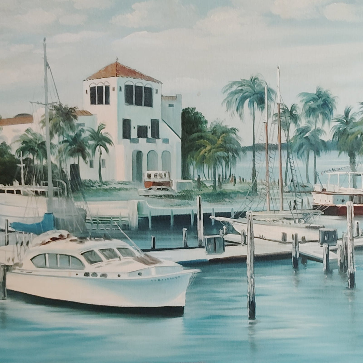 Fran Hyland Vintage Original Oil Painting Bradenton FL Marina Harbor Framed