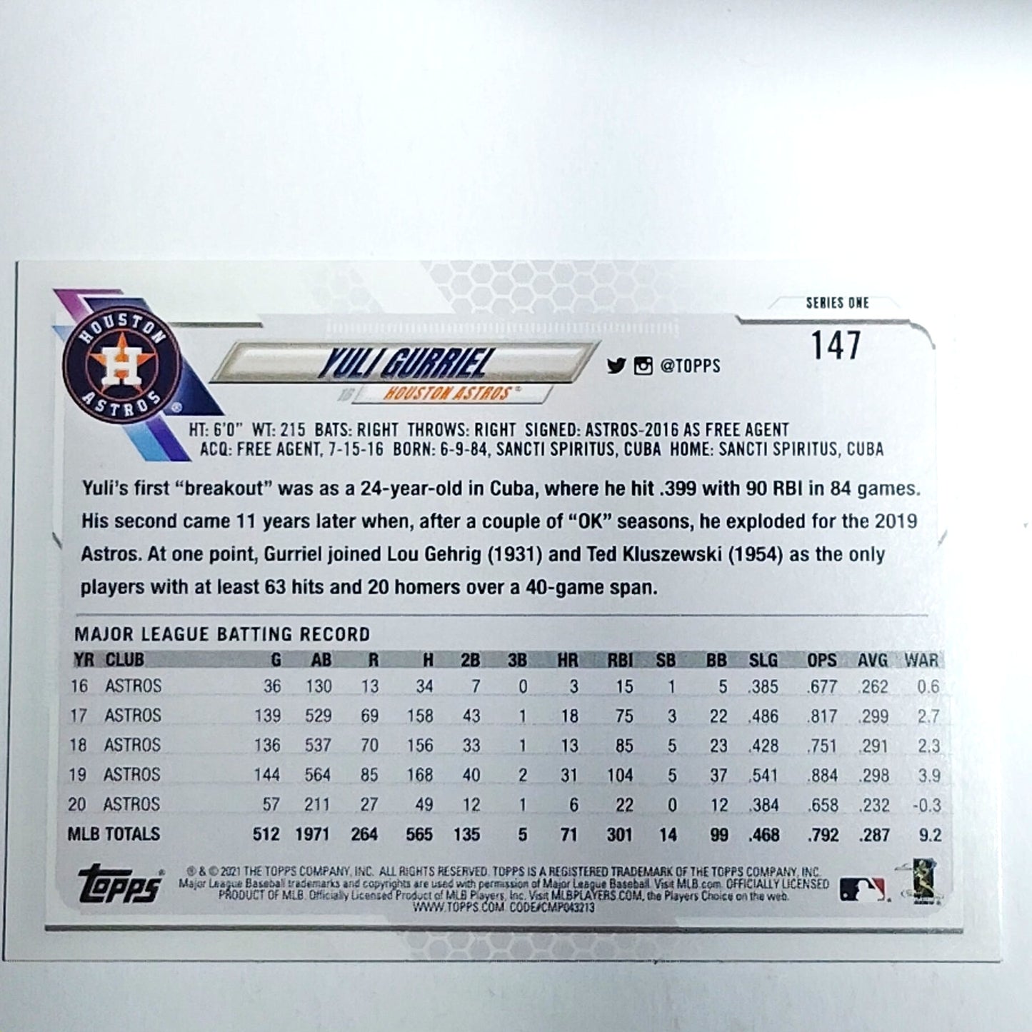 2021 Topps Series 1 Yuli Gurriel Houston Astros 1B Baseball Card #147 VG/EX