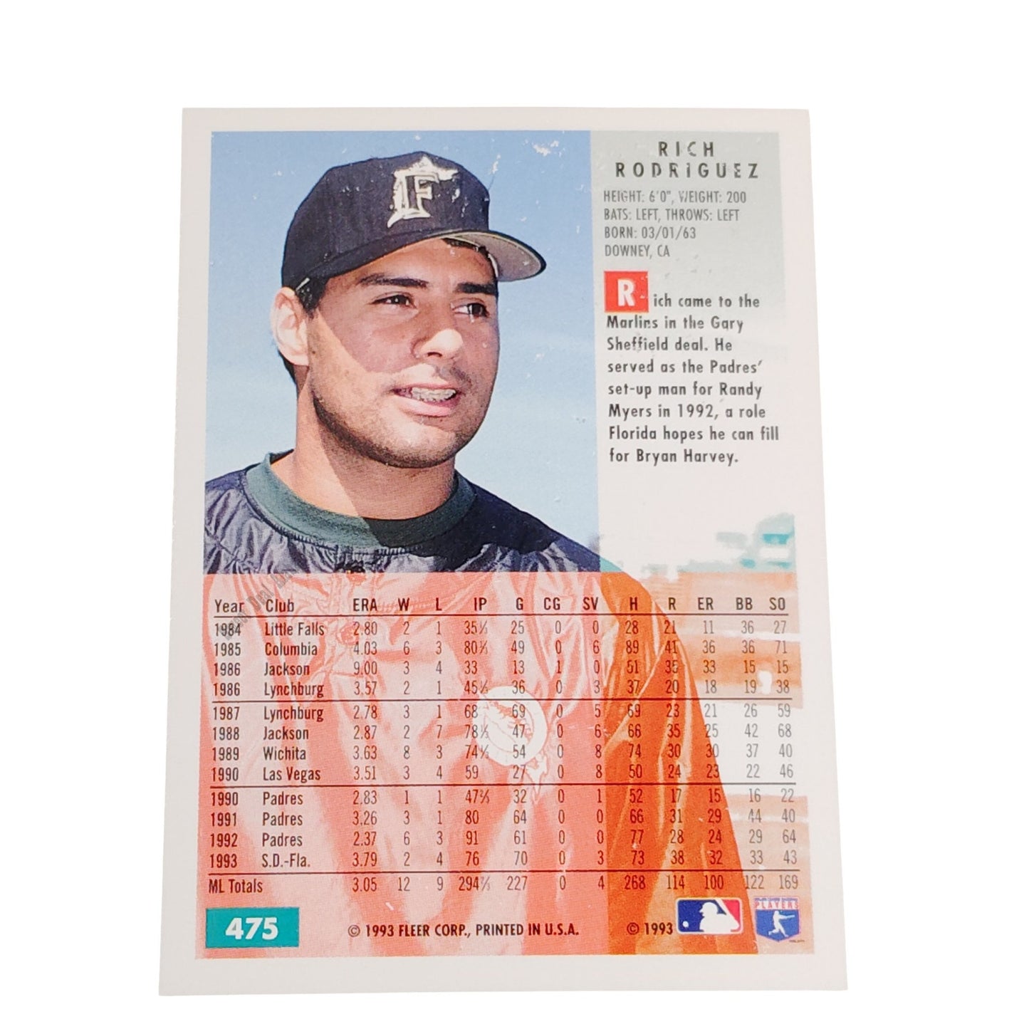 Rich Rodriguez, Florida Marlins, #475, 1994 Fleer Baseball Collector's Card