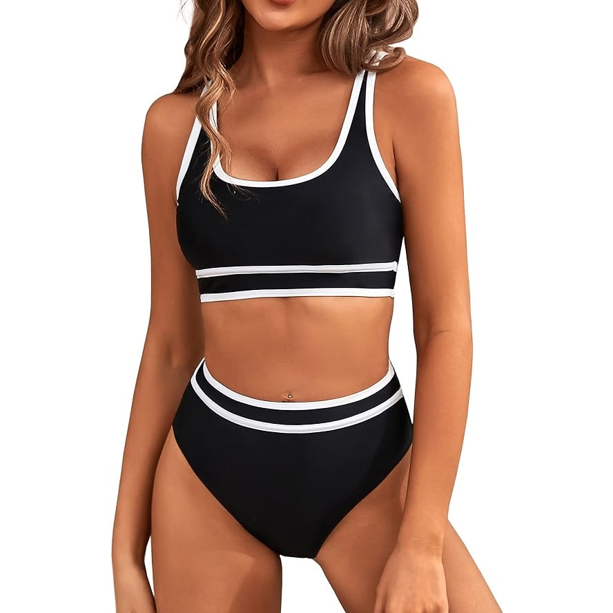 BMJL High Waisted V Neck 2-Piece Color Block Cheeky Bathing Suit, M, Black