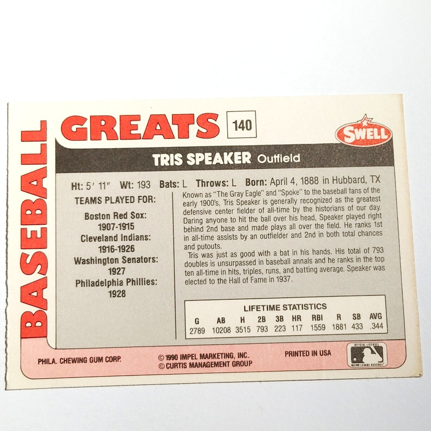 1991 Swell Baseball Greats Tris Speaker #140 Boston Red Sox OF Baseball NM