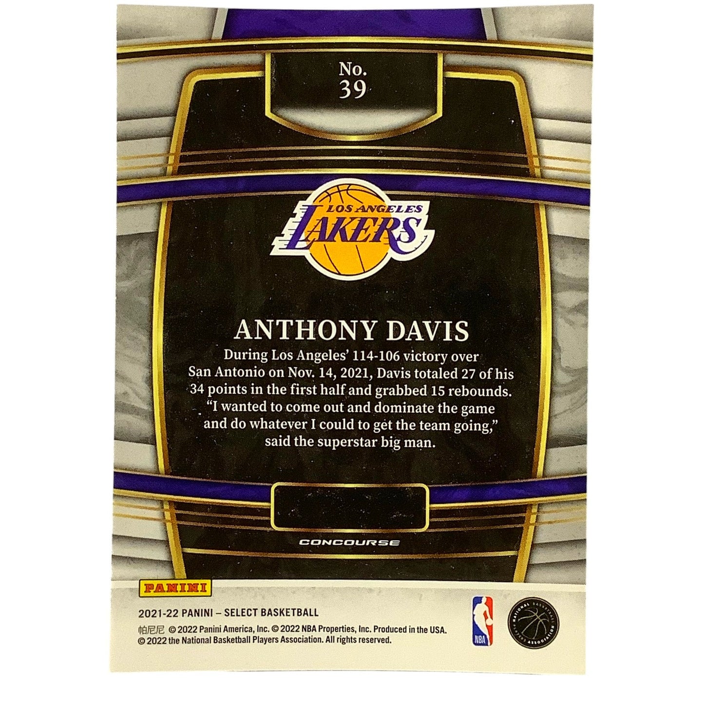 Anthony Davis, Los Angeles Lakers, Card #39, 2021-22 NBA Panini Select