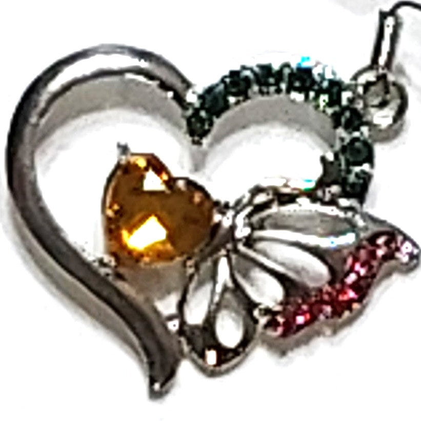 Amber America Heart & Butterfly Earrings Silver‑Tone with Multi‑Color Stones