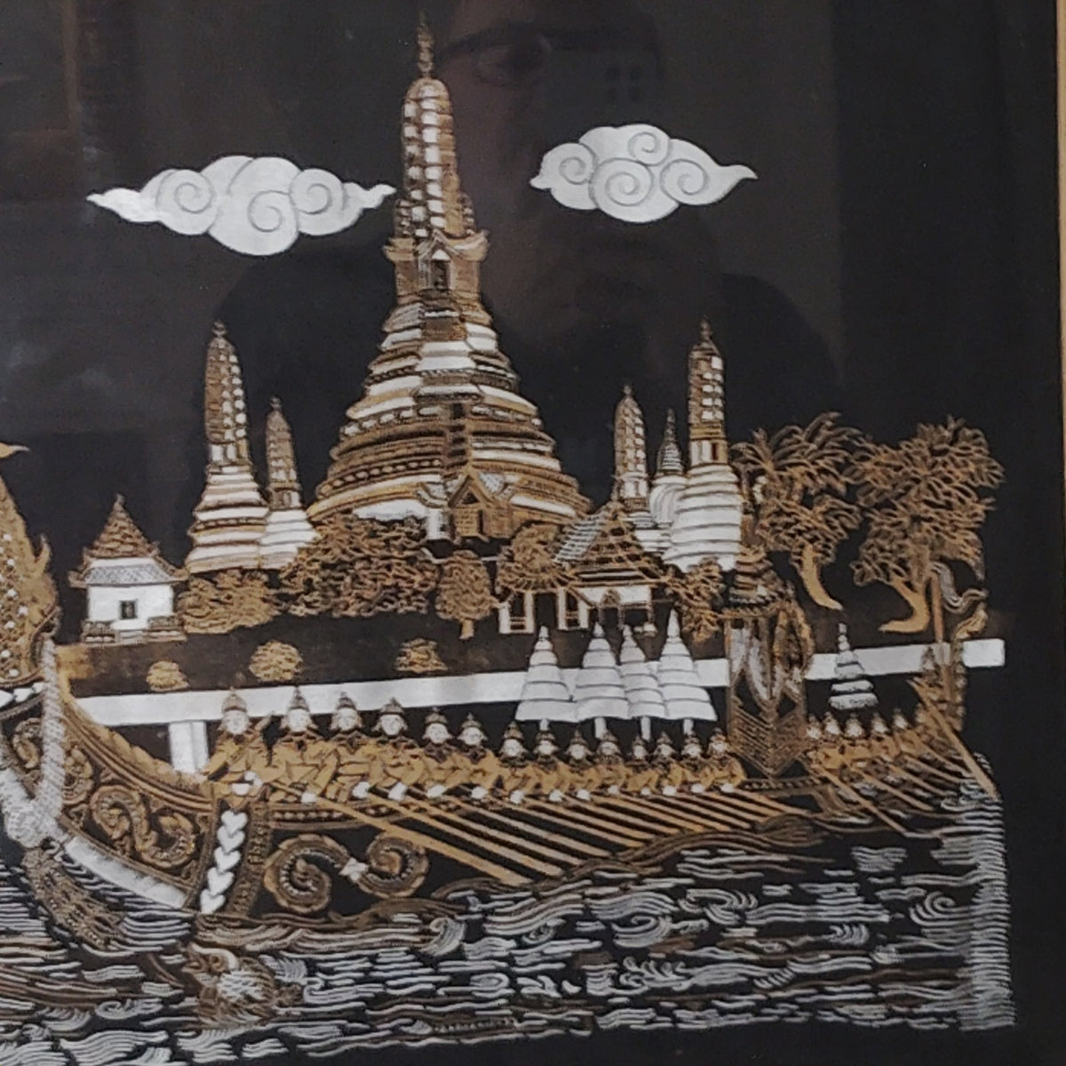 Vintage 1968 Mid‐Century Thai Silk Screen Artwork – Wat Arun Royal Barge