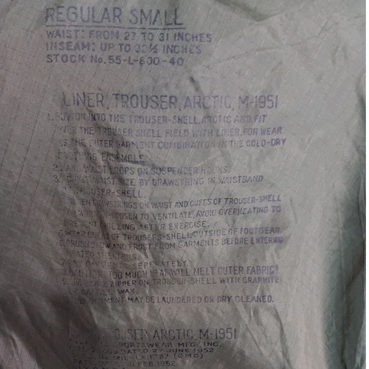 M-1951 Arctic Trouser Liner - Regular Small - 1952 Dated - Wool Pile - NOS VNTG