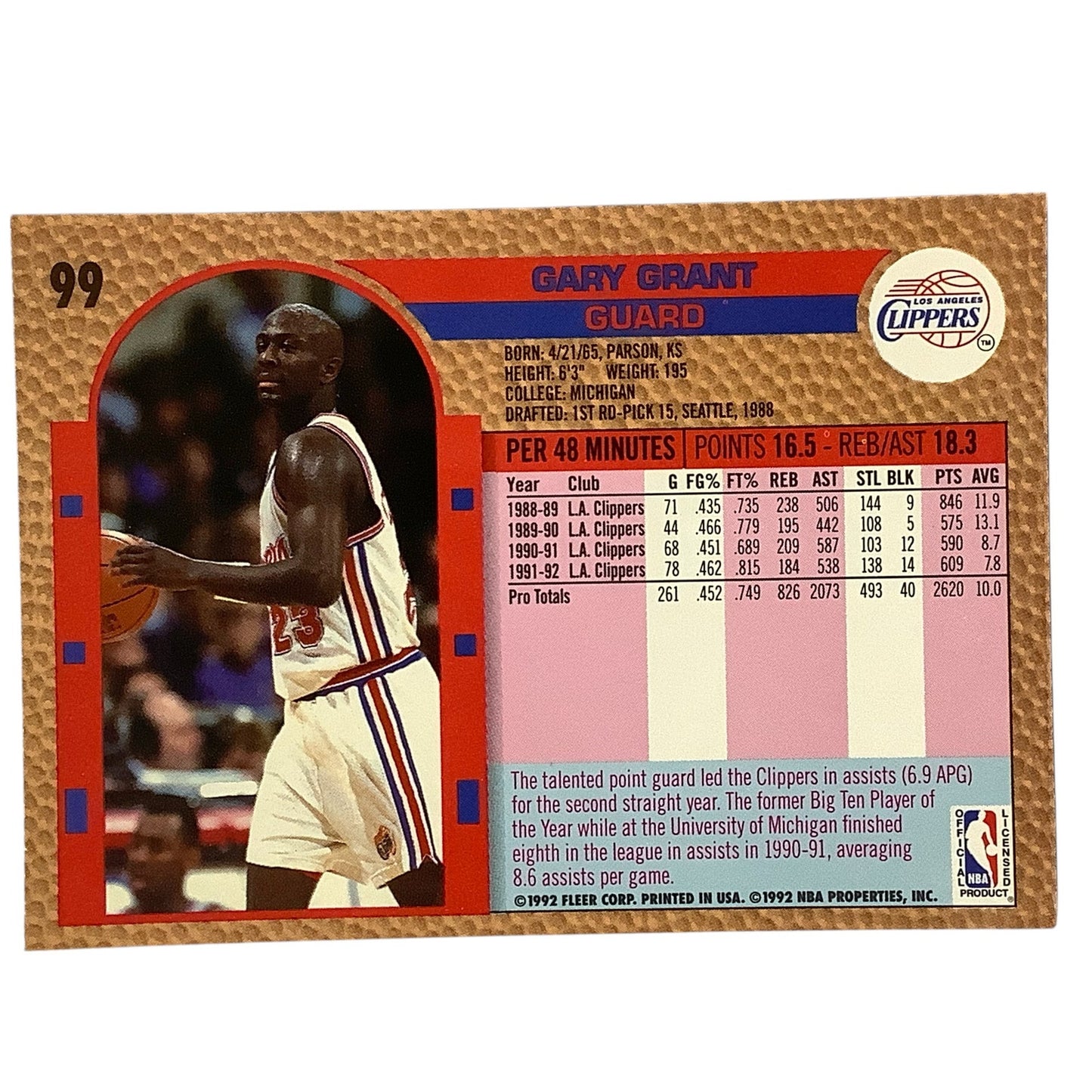 Gary Grant (G), Card #99, Los Angeles Clippers, 1992-93 Fleer NBA
