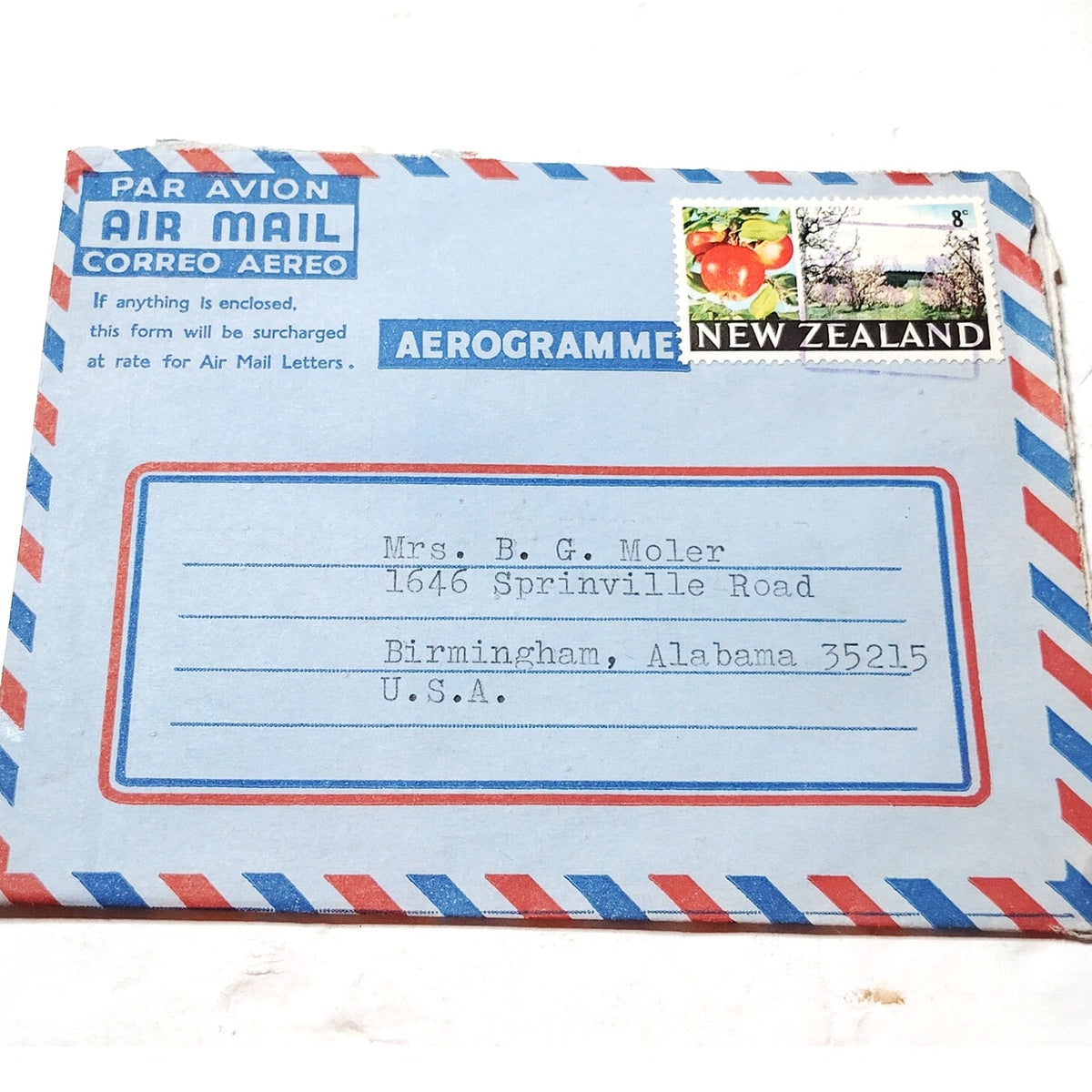 1969 New Zealand Aerogramme Cover 8c Apple Stamp Air Mail Wellington USA
