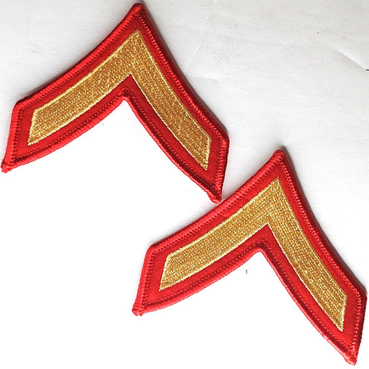 USMC PFC E‑2 Chevrons Set Gold/Red 3" × 2‑5/8" Pair, Sew-On, Private 1st Class
