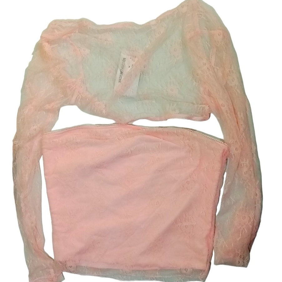 Lace Long Sleeve Square Neck Crop Top Shirt Strapless Tube Top & Bolero Set, SM