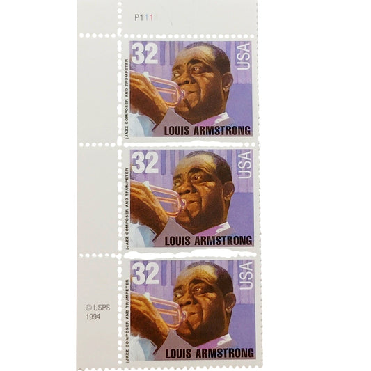Vertical Strip of 3 – 1995 USA 32¢ Louis Armstrong MNH Scott 2985 – Jazz Legend