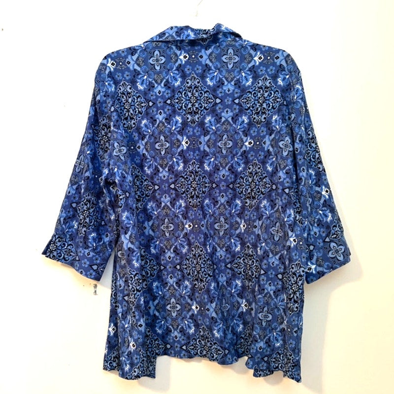 Blair Women's L 2PC Blue Floral Paisley 3/4 Sleeve Blouse & Tank Top Set