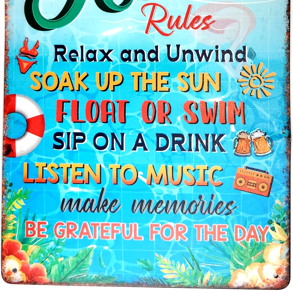 Pool Rules Tin Sign 12×8 Tropical Flamingo Summer Metal Wall Art Decor