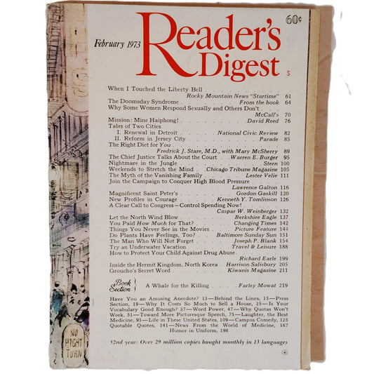 Reader's Digest February 1973 Vintage Magazine Magnificent St Peter's Back Issue