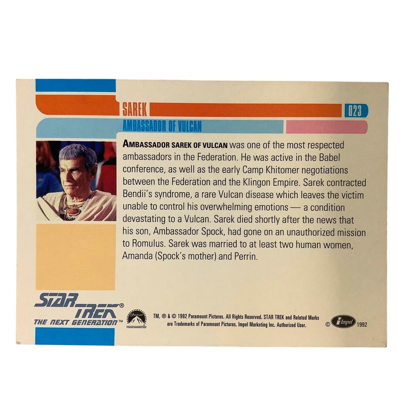 Ambassador Sarek, Star Trek, The Next Generation, 1992, Impel Card No.023