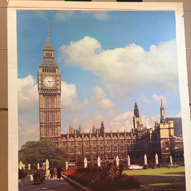 Vintage London Big Ben Parliament Square Travel Poster 1960s-70s - 37.5" x 25.5"