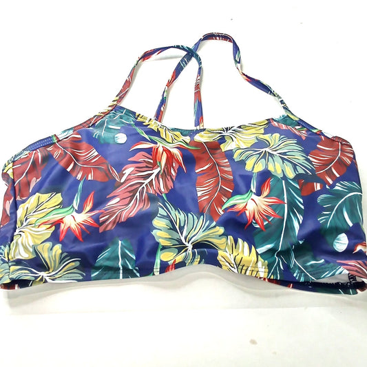 Zaful Navy Tropical Leaf Bikini Top Crisscross Strappy Back Scoop Neck, L (US 8)