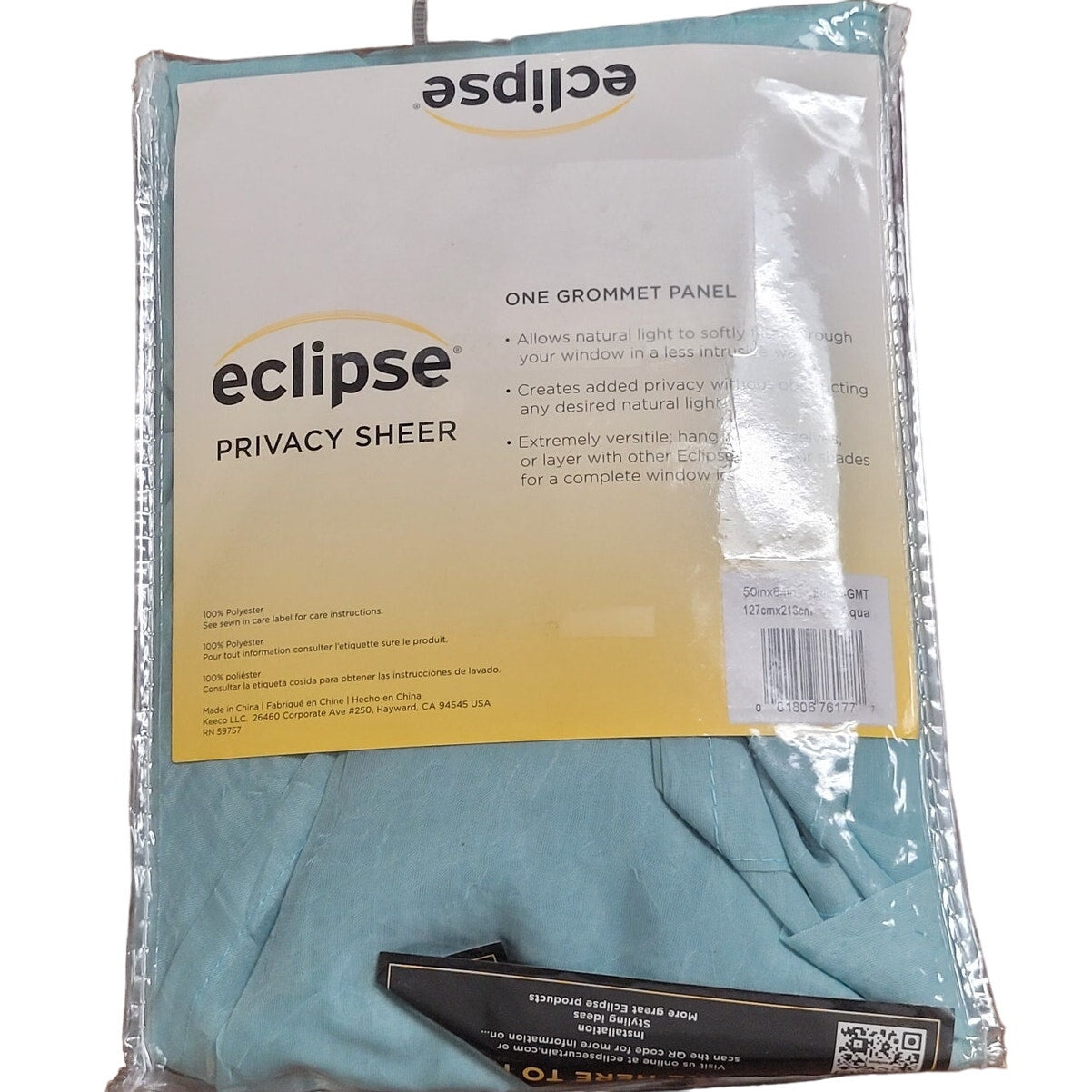 Eclipse Emina Crushed Sheer Voile Rod Grommet, Single Curtain Panel 50"x84" Aqua