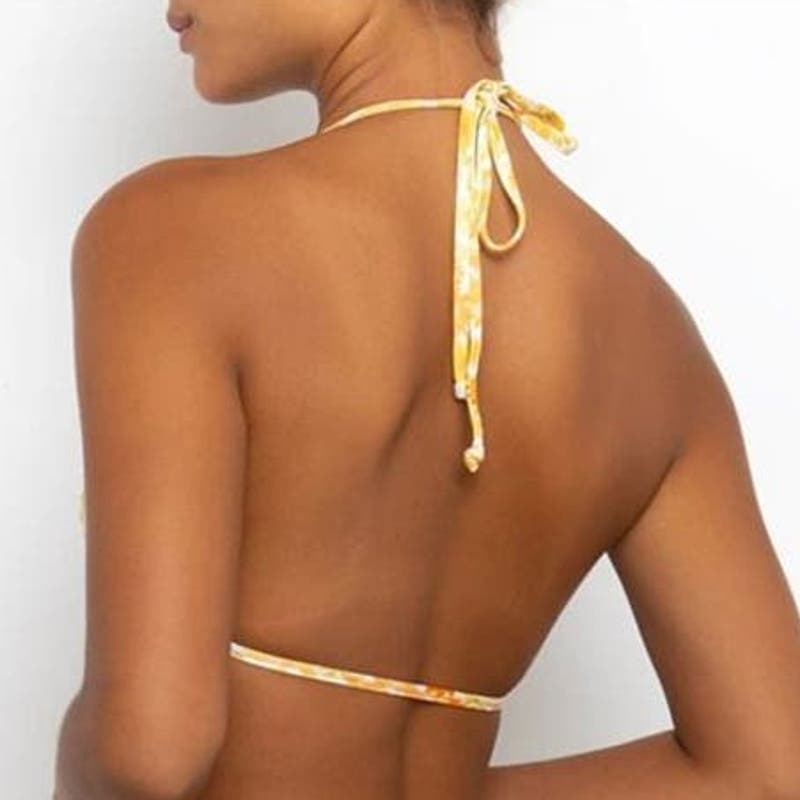 Jsezml Brazilian Bikini Top, Yellow Floral Print, Med (6) Bust 33.86 - 35.83 in.