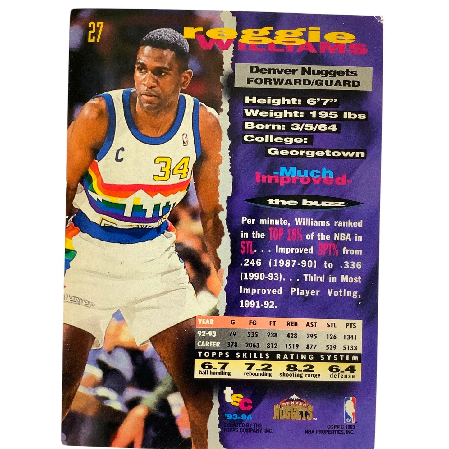 Reggie Williams, Denver Nuggets, 1993 Topps Stadium Club Card 27, EXC