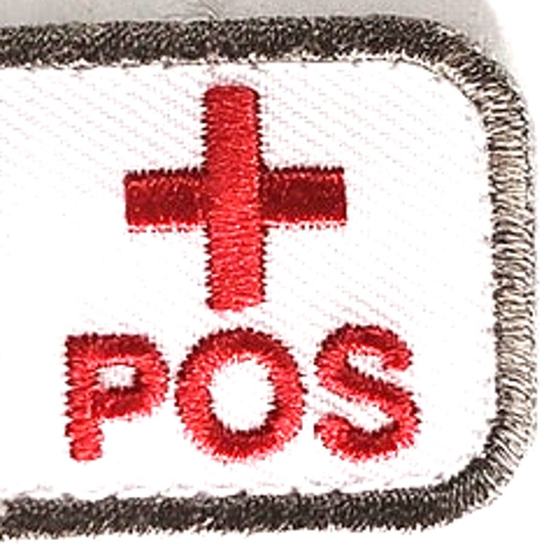 B+ POS Blood Type Patch Black, Red on White w/ Gray Border 2" × 7/8" Hook‑Back