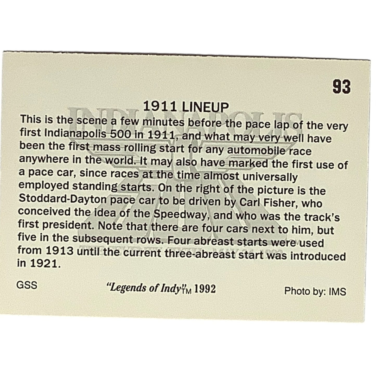 1911 Lineup for the First Indianapolis 500, 1992 Legends of Indy, Card 93, NM+