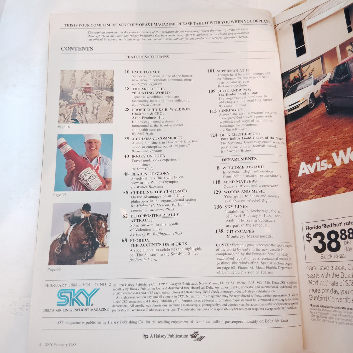VTG Delta Sky Magazine - February 1988 In-Flight -Windsurfer Cover Avon Superman