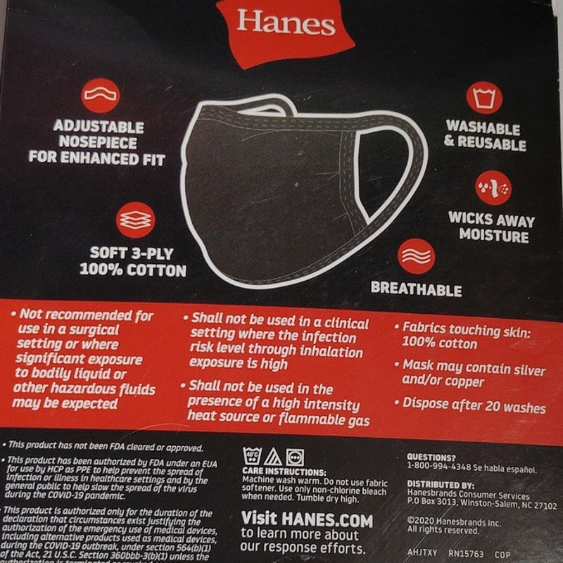 Hanes 100% Cotton Adult Face Mask 10‑Pack Black Unisex