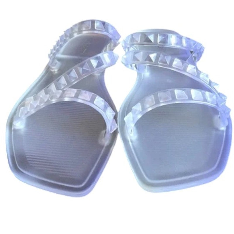 MIXIT Size 8 Women's Slip-On Large Frosted Clear Strappy Studded Sandals, 8