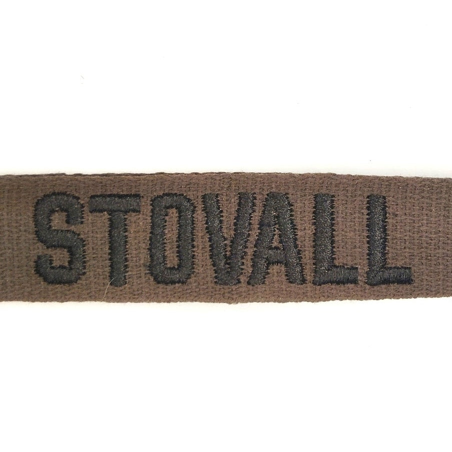 Vintage OD Green Embroidered "STOVALL" Uniform Name Tape 7.5 in. x 1 in. Sew-On